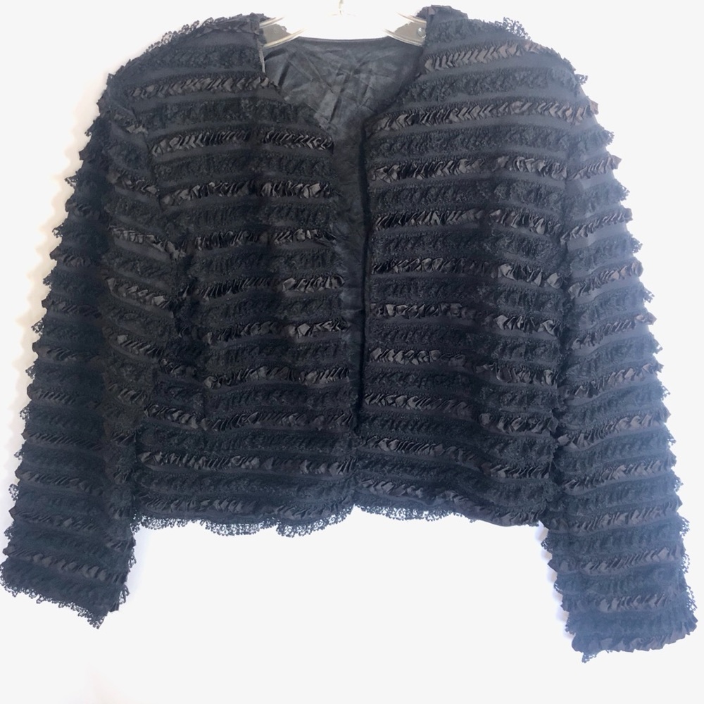 Black cocktail cropped Box Jacket sheer lace ribbon box style approx size M.